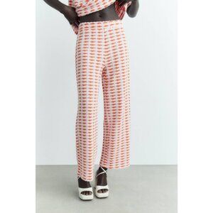 Zara Wide Leg Geometric Pattern Jacquard Pants in White/Orange Medium